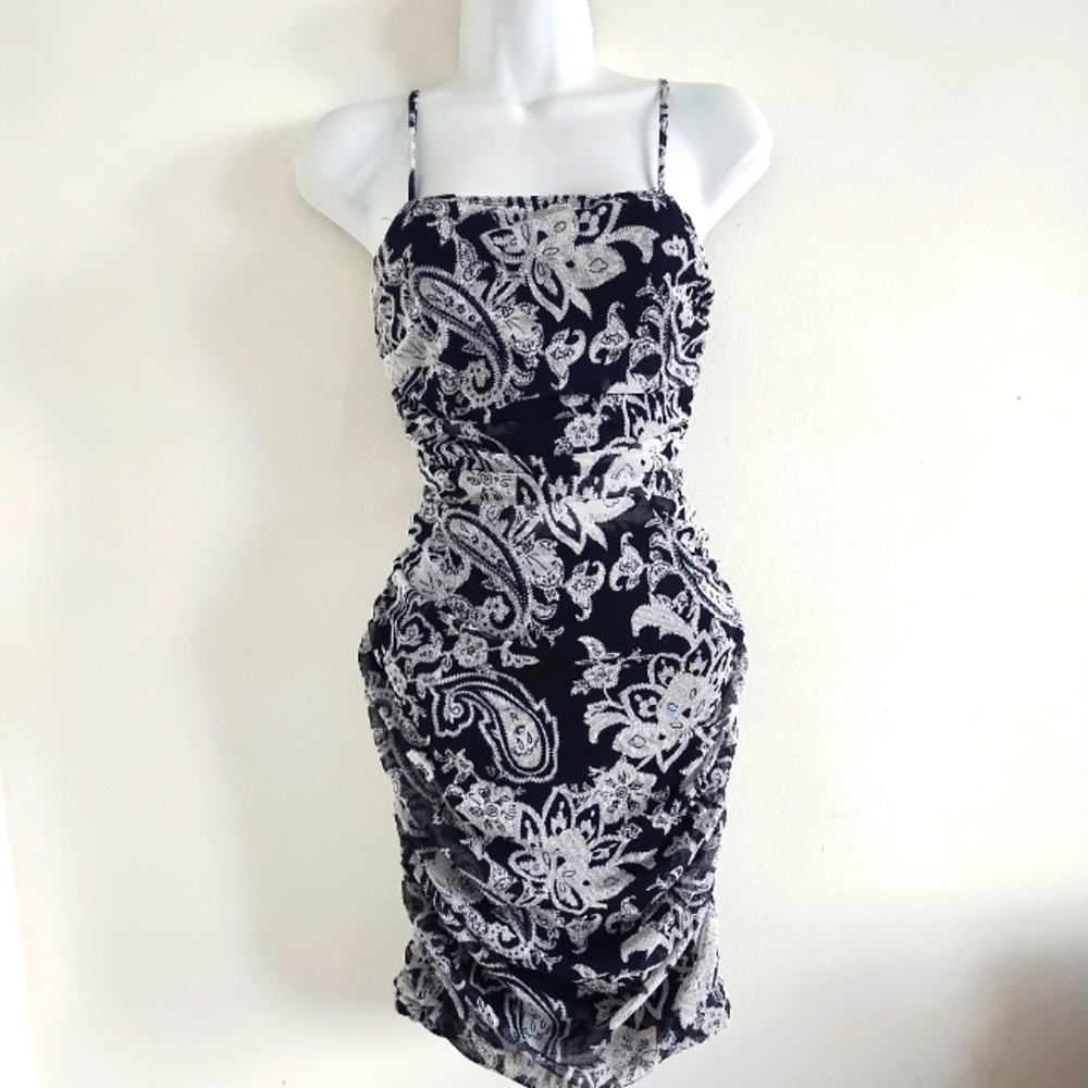 Vintage Fashion Magazine Y2K Paisley Ruched Navy Mesh Square Neck Dress